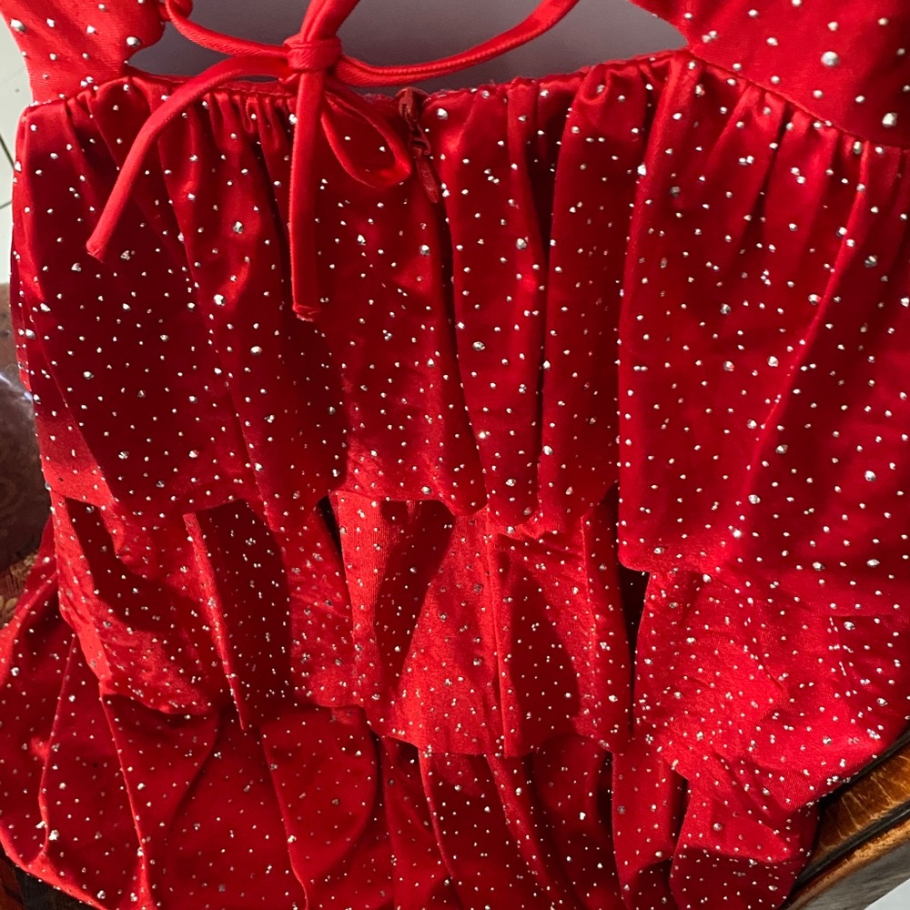 Red Strapless Ruffled Dress - Picture 6 of 9